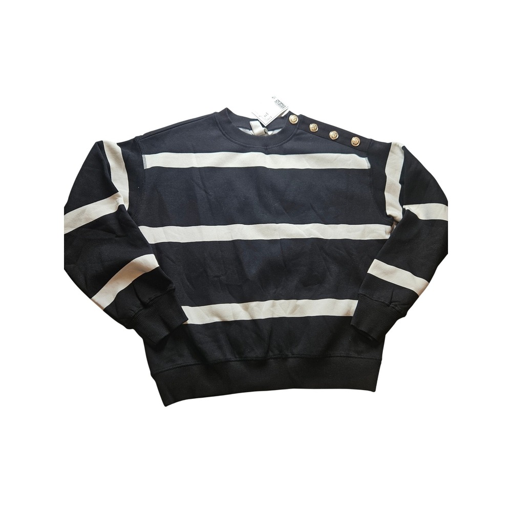 HM Striped Sweatshirt Womens XS Black White Gold Button Shoulder 1011828 NEW